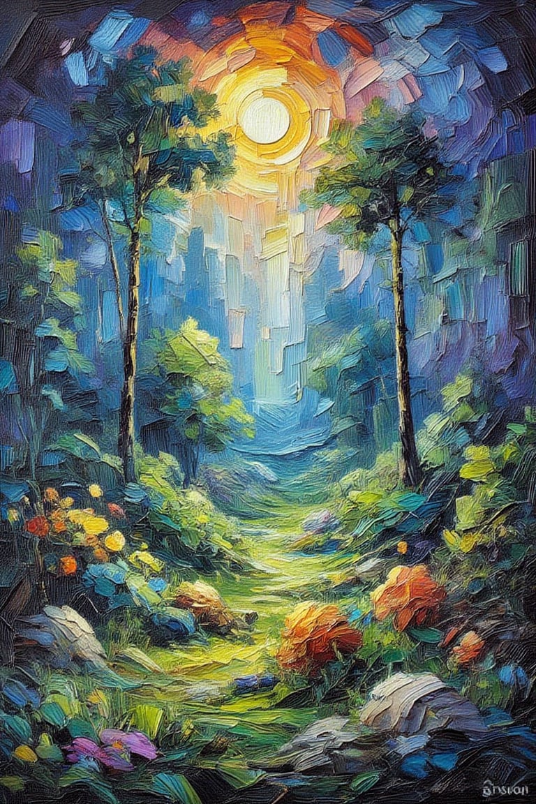 (impressionist painting:1.3),create  a fantasy type forest, large leaves, oversized flowers are one side from the scenery, night scenery,