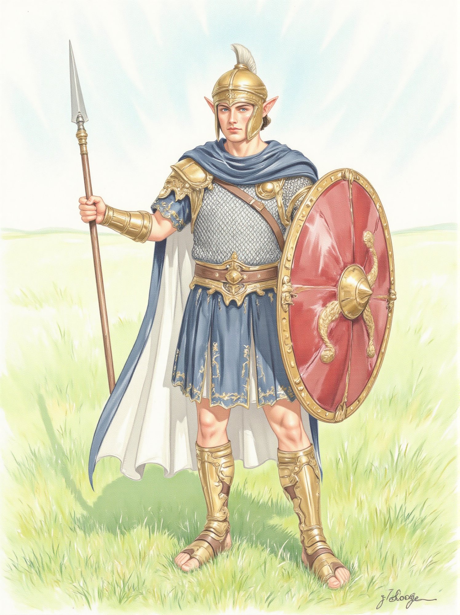 J. Barrick watercolor style painting of a (classical era) elven solider standing in green field, Elven warrior, ((iron age roman chainmail armor)), chainmail, holding iron spear, large greek shield, ((late roman helmet)), pointed ears, pale skin, blue eyes, classical era, white and navy blue cloak, masculine facial features, sharp jaw