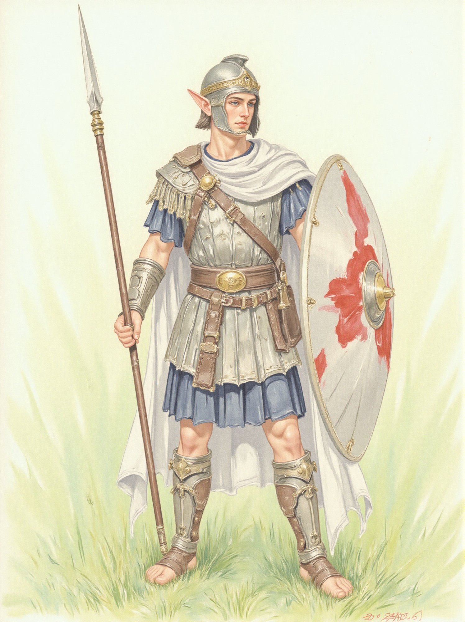 J. Barrick watercolor style painting of a (classical era) elven militia soldier standing in green field, Elven warrior, ((iron age roman tunic), holding iron spear, large greek shield, ((late roman helmet)), pointed ears, pale skin, blue eyes, classical era, white and navy blue cloak, masculine facial features, sharp jaw