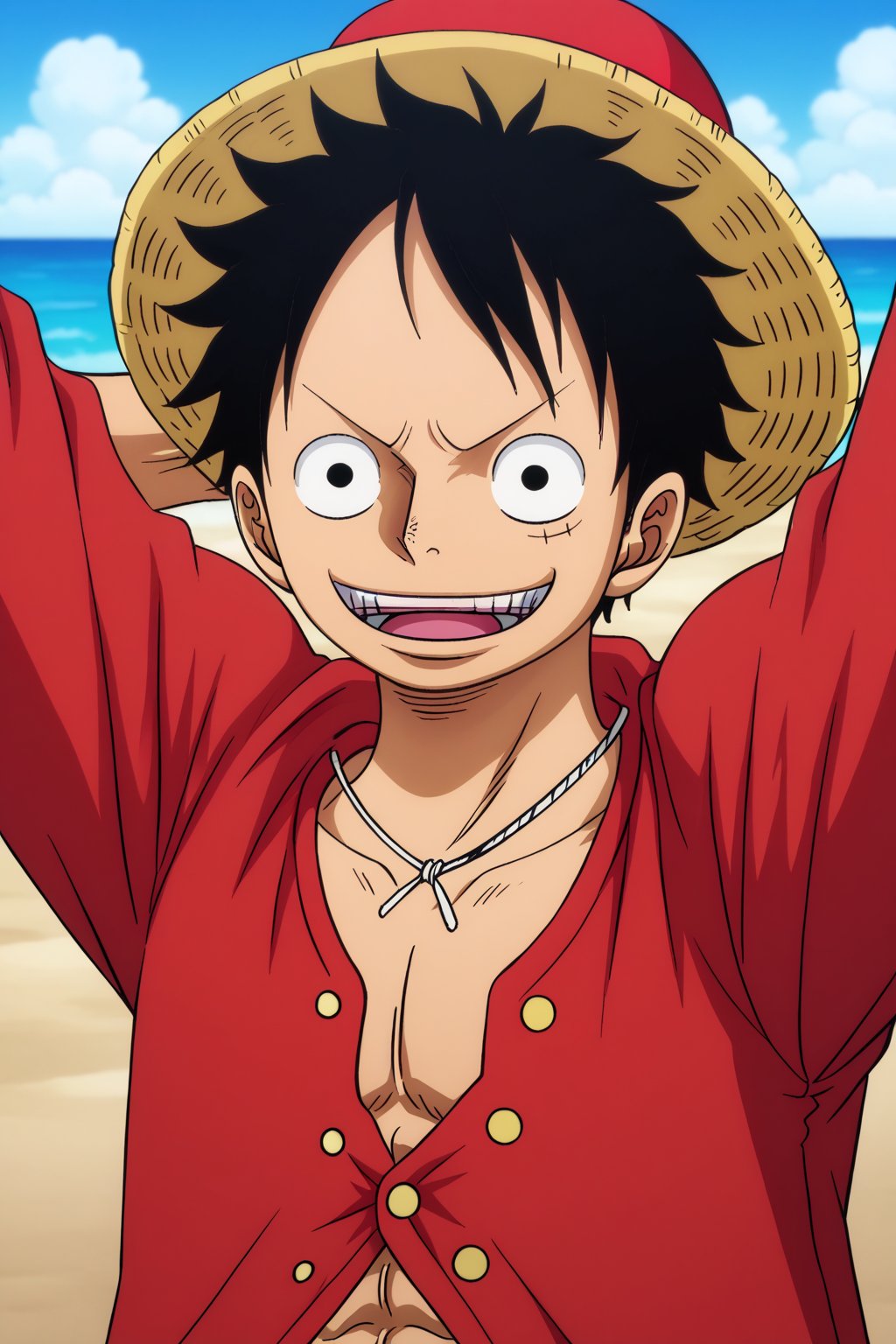 luffy, boy, black_hair, smile, mouth_open, white_background, handsome, sky, sea,