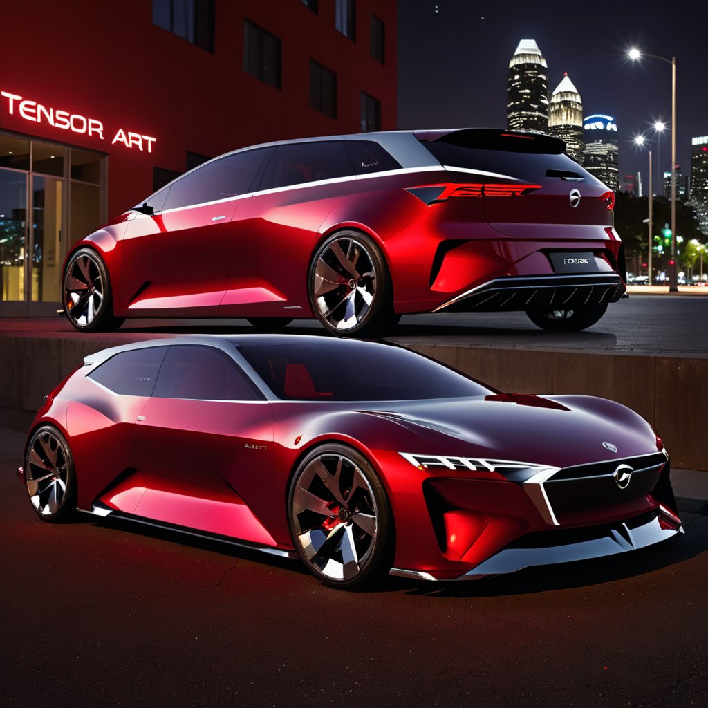 a sigle wedge concept car sitting in urban area at night seen from side view, 2 door hatchback, red chrome paint, (Text that reads "TENSOR ART"), text, outdoors, photorealistic, best quality, masterpiece, (c_car), concept cars