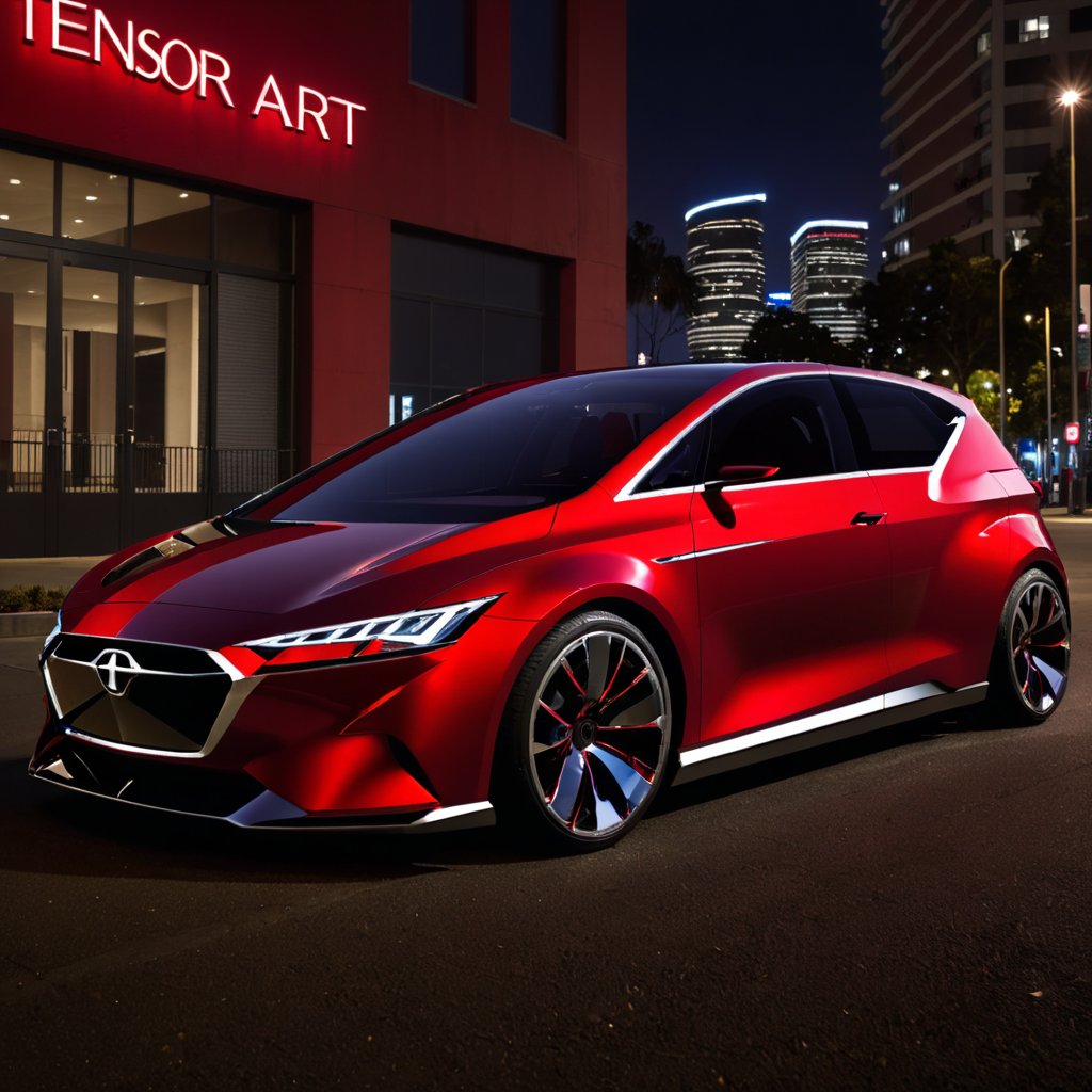 a sigle wedge concept car sitting in urban area at night seen from side view, 2 door hatchback, red chrome paint, (Text that reads "TENSOR ART"), text, outdoors, photorealistic, best quality, masterpiece, (c_car), concept cars