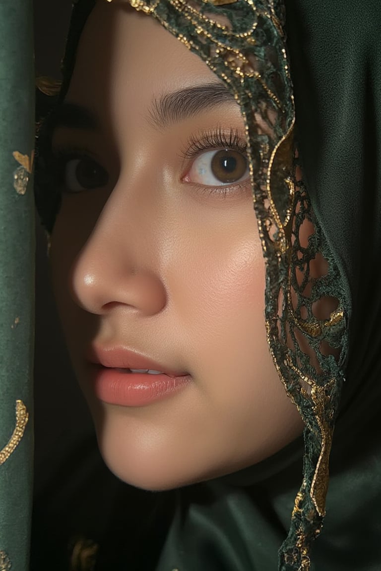 A mesmerizing extreme close-up of one side of adelliahalim's face, the most beautiful girl in the world. Her piercing green eye gazes through delicate dark green lace, while a warm golden glow casts soft reflections on her skin. The intricate texture of gold details in her clothes complements the scene. Her soft, plump lips and perfect teeth are partially visible from the side