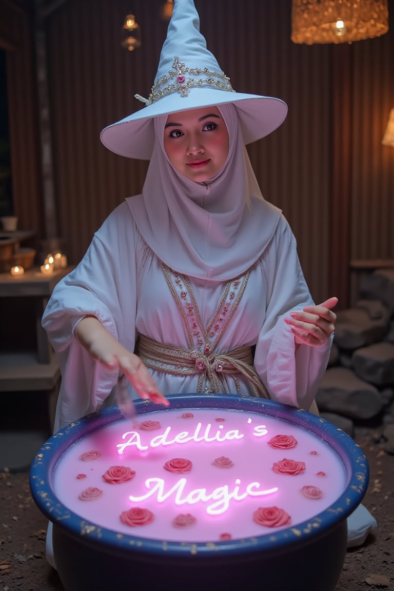  70mm lens, full-color photograph, shadows, cinematics lighting, volumetric lights, realistic lights, three quarter view, film grain, BREAK, Background: a adelliahalim with white hijab as witch's hut, white princess costume, white ((Magician's hat)), dark, Top down view of a young witch, stirring in a blue cauldron full of a pink soup-like liquid, roses floating in the soup, pink luminescent text in the soup that says: "Adellia's Magic", orange light in the back ground, looking at the viewe. Film grain and blur enhance the cinematic feel, transporting us back to a low-res 1980s movie screen.