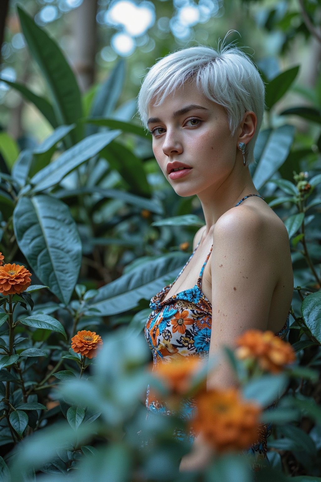 Full body,fashion photography portrait of young beautiful European woman, short white hair, freckles in her face, in blue lush jungle with flowers and birds,  4k hyper realistic, symetrical, octane render, 35mm, bokeh, (intricate details:1.12), hdr, (intricate details, hyperdetailed:1.15), (natural skin texture, hyperrealism, soft light, sharp:1.2),