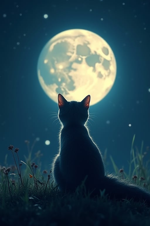 cute cat on the moon at night, the moon is clearly visible