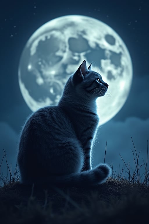 cute cat on the moon at night, the moon is clearly visible