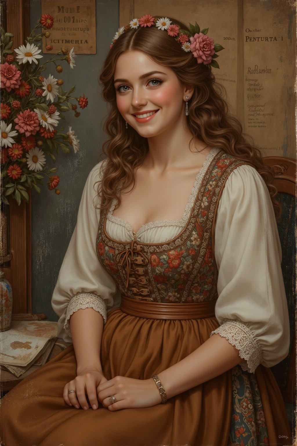 painting, beautiful 25 year old medieval german woman, smiling, dirndl, barefoot.  focus on her foot. foot in focus. october fest