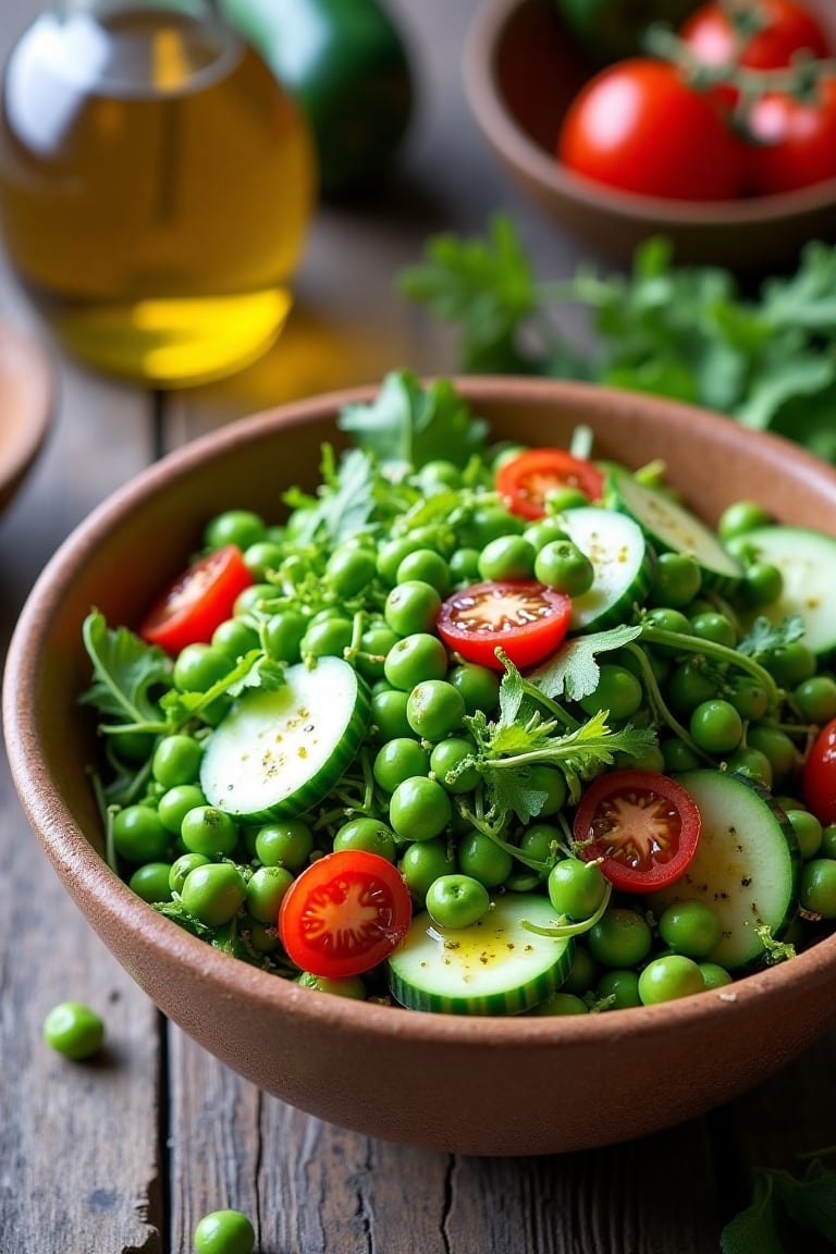 Peas in a Salad:
A colorful salad bowl filled with peas, mixed greens, cherry tomatoes, cucumber slices, and a drizzle of olive oil. The background shows rustic kitchen tools and ingredients for a fresh feel.