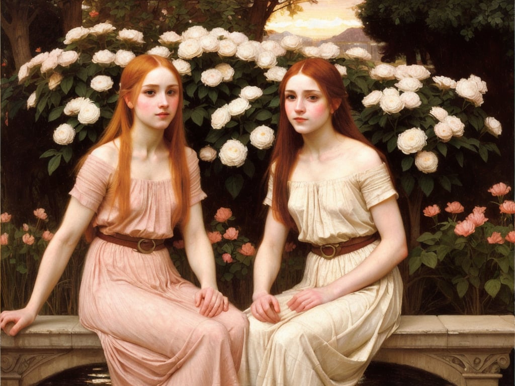 cute,  long_hair,  young, ,  caucasian, pale_skin, pale, white skin, white_skin, redhead, ginger freckles,  score_9, score_8_up, score_7_up,  high_resolution, high_quality, , pretty, perfect_face, 2_girls, twins, identical_twins, identical, clones,   sisters, , ,, , perfect_eyes, eyes, beautiful, beautiful_eyes, flawless, flawless_eyes, flawless_face, , , oil_painting, waterhouse, classical, style_of_waterhouse, john_william_waterhouse, flowing dress, sitting in flowers, golden hour