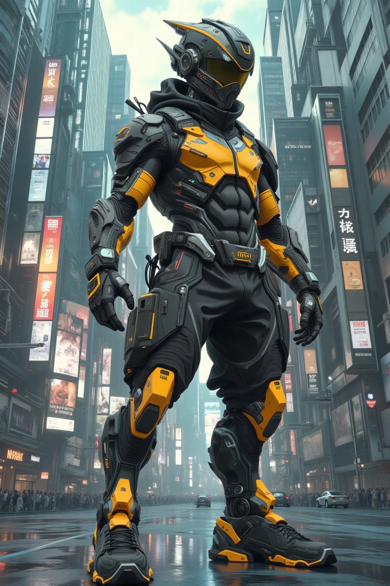 Comic art character blended with realistic background. Anime Character of mecha Cyberpunk ninja in punching action style, wear cyber ninja mecha armour,standing in heroic style with realistic Film style citypunk background.
