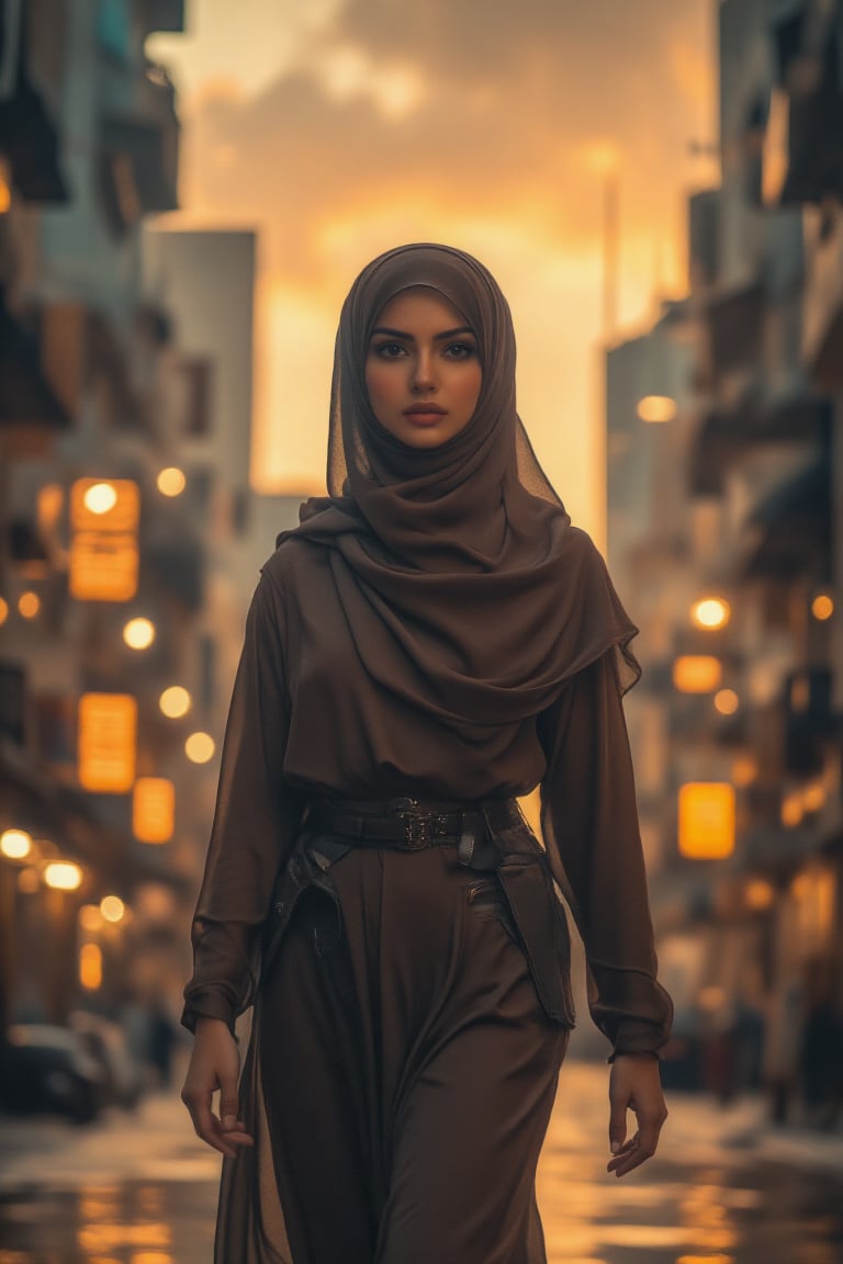 A futuristic cityscape at dusk provides the backdrop for this powerful scene: a cybernetic hijabi warrior stands triumphantly, wearing a flowing long hijab and pashmina, with sleek loose battle mecha armor and a long skirt glistening under the warm orange glow of the setting sun. Her stance is empowering - one leg bent, fist clenched. The city's towering skyscrapers and neon lights blur into a vibrant background, emphasizing her determination and strength.,Film style