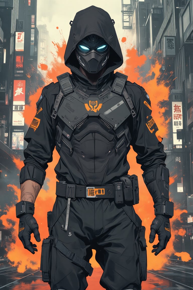 Comic art character blended with realistic background. Anime Character of Cyberpunk ninja man in ninja punching action style, wear cyber ninja mecha armour,standing in heroic style with realistic Film style citypunk background.
