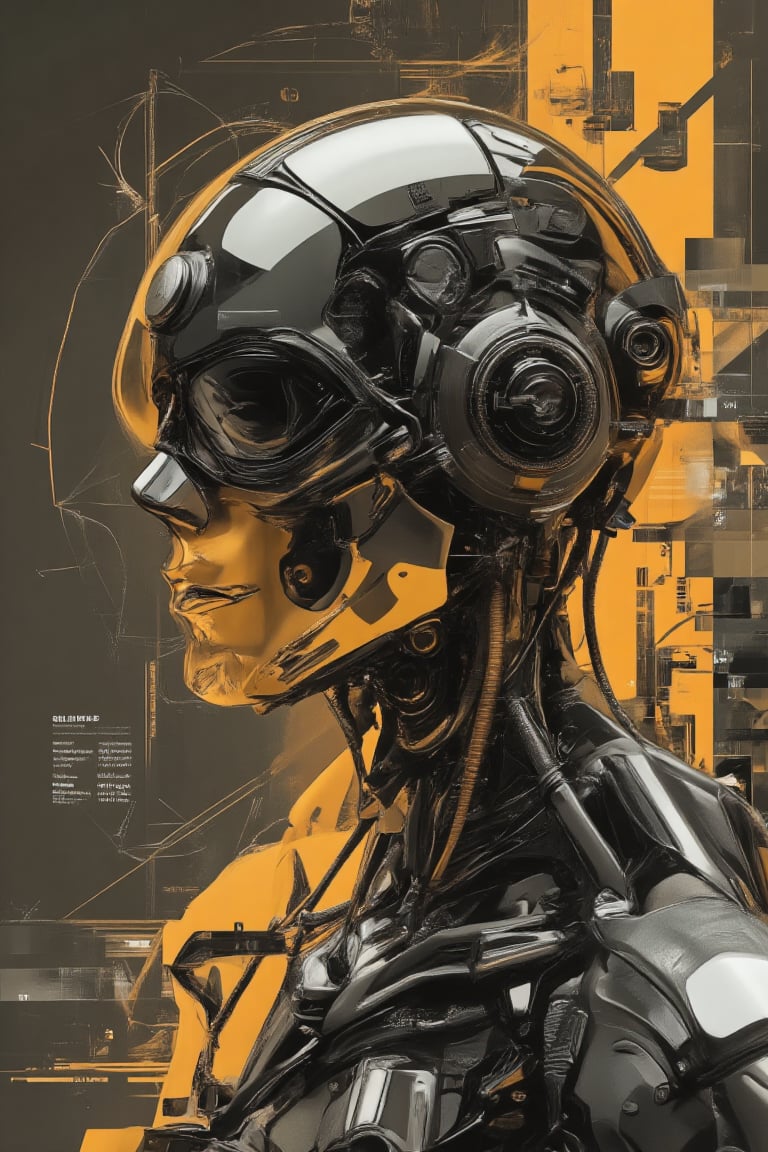 create poster digital graphics, modern art style, double exposure effect of the black gold mecha with Orenz cyborg style 