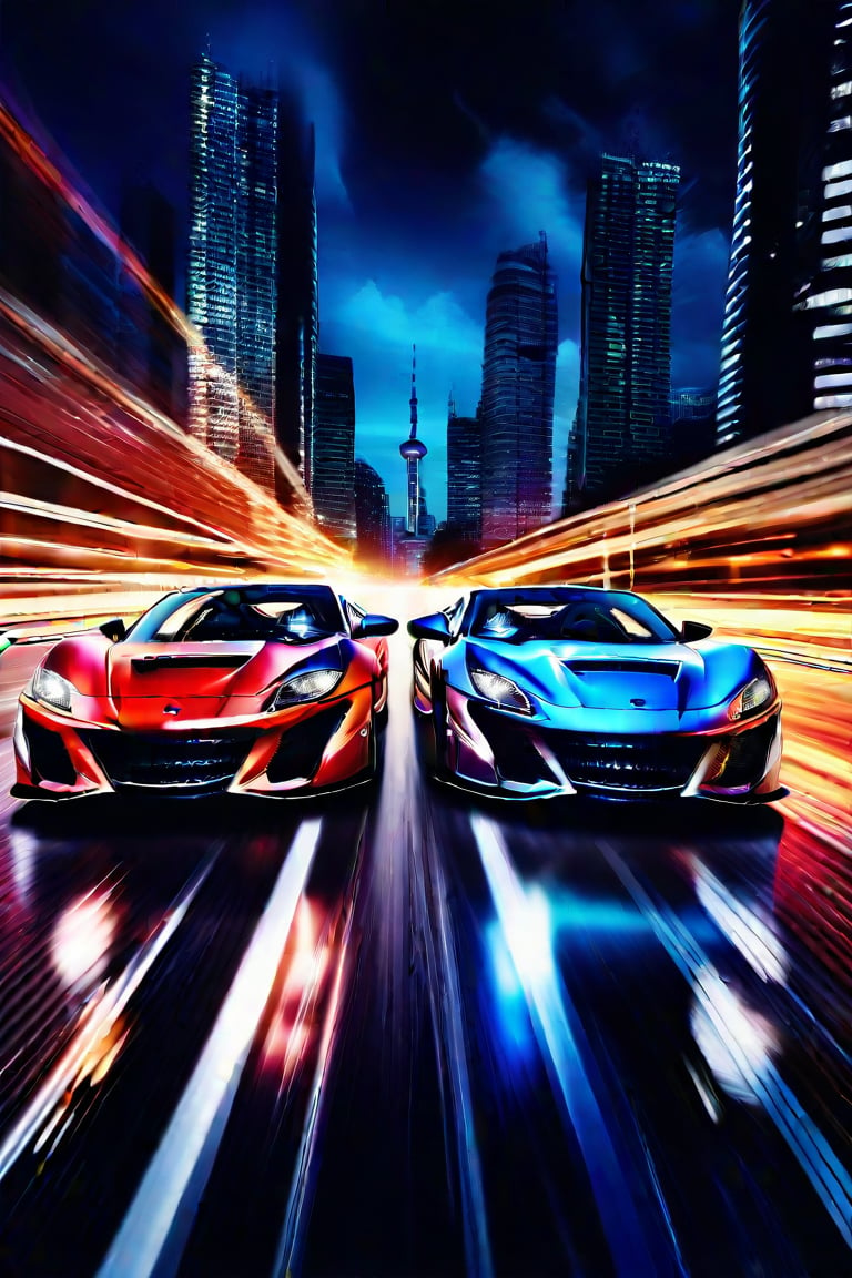 "Picture two sleek, high-performance sports cars speeding through a modern city at night. The cars, illuminated by the glow of streetlights and neon signs, have gleaming metallic bodies—one in fiery red and the other in electric blue. Their headlights cut through the darkness, casting sharp beams of light onto the wet city streets, reflecting the glossy asphalt. The city skyline is filled with tall skyscrapers and bright billboards, with light bouncing off the windows of nearby buildings. Both cars are side by side, their engines roaring, leaving a trail of blurred light in their wake. The scene captures the intensity and speed of the moment, with the city’s vibrant lights contrasting against the dark night sky."