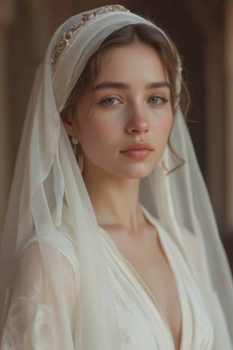 A Byzantine style girl in monastery, white head-cloths and veils. (masterpiece, top quality, best quality, official art, beautiful and aesthetic:1.2), (1girl:1.4), portrait, extreme detailed, highest detailed, simple background, 16k, high resolution, perfect dynamic composition, bokeh, (sharp focus:1.2), super wide angle, high angle, high color contrast, medium shot, depth of field, blurry background