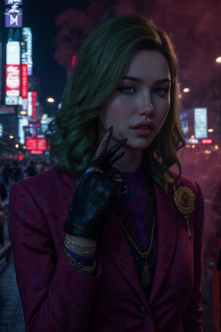 Art of a joker Joker's twisted grin wearing her makeup face, joker face makeup, purple her suit, black glove, red smoke, her green messy long hairstyle, serious badas pose, dark night, neon light city, cyberpunk realistic city background 