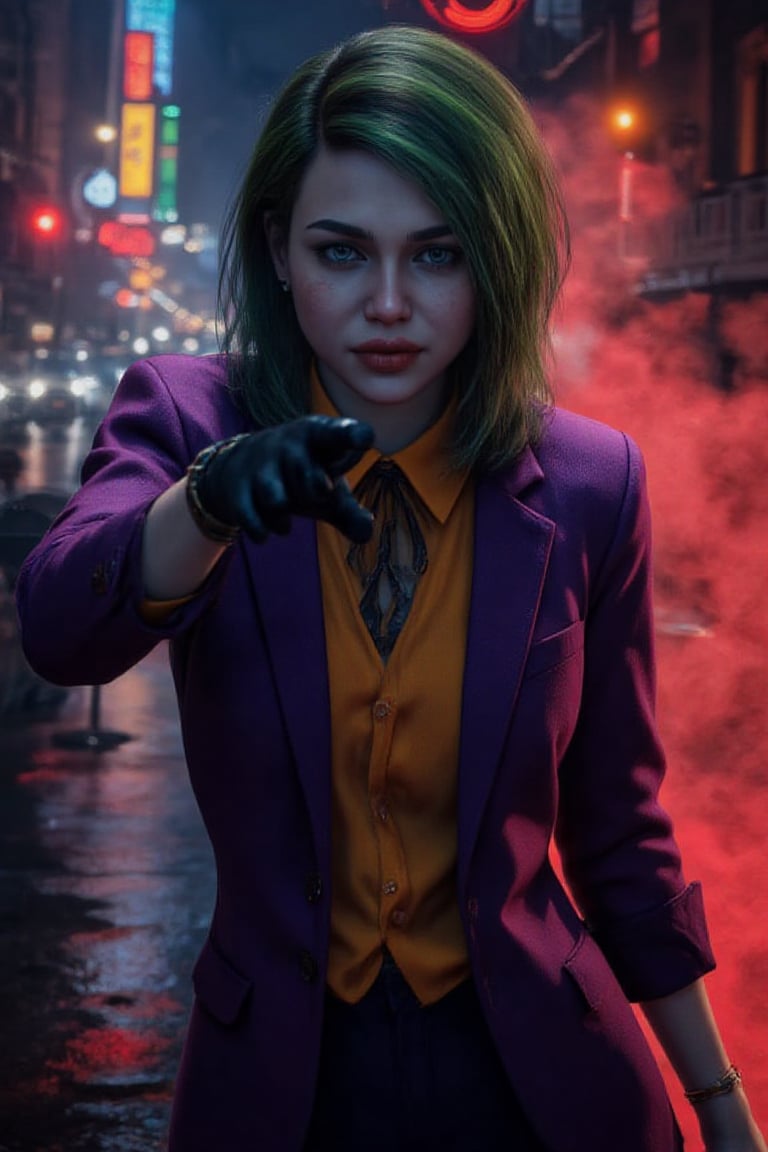 Art of a joker Joker's twisted grin wearing her makeup face, joker face makeup, purple her suit, black glove, red smoke, her green messy long hairstyle, serious badas pose, dark night, neon light city, cyberpunk realistic city background 