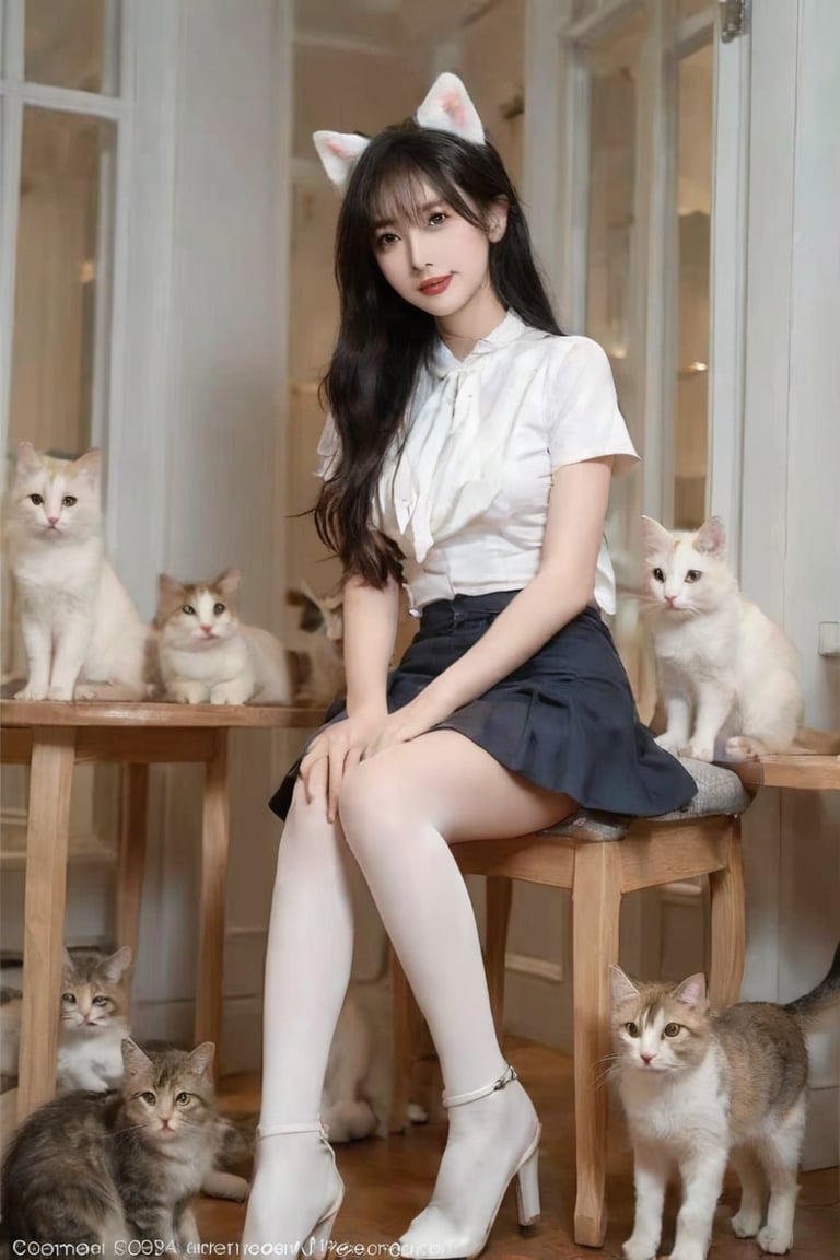 Prompt ::
full body of cute beautiful young woman
with long, dark hair, round eyeglasses, cute
pose and sitting in a cat cafe, looking at
viewer with smile face, She wears a cute
puffy cat-ears, white short sleeves
sailor-style blouse, a navy blue pleated
short skirt and white knee-high stocking.
surrounded by different breeds of cute
cats, many cats wandering in the cafe.