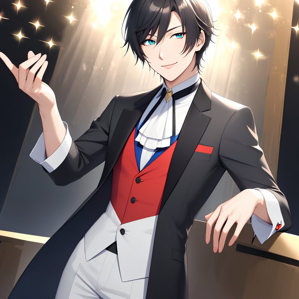 1 male, solo, dressed as a Magician, looking at viewer, smile, magic stage, handsome yet cute, beautiful eyes, half body, (grown version), (grown body), black hair, gentle posture, male_focus