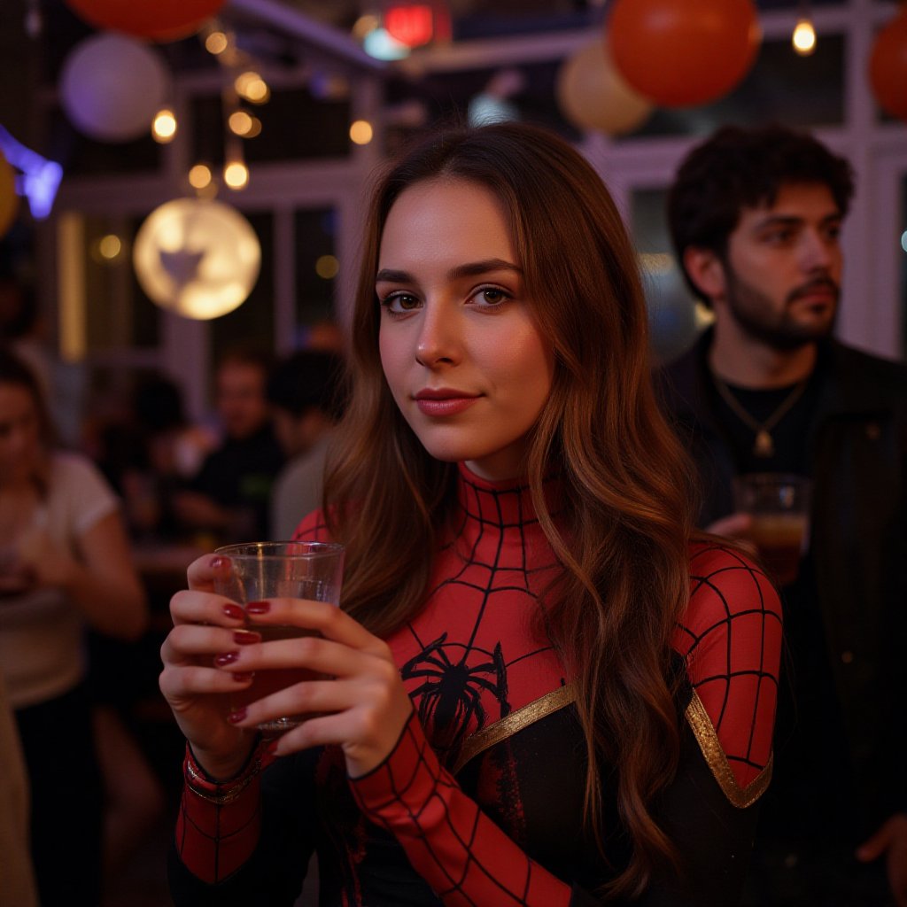 A 22-year-old Caucasian woman with long brown hair and brown eyes wearing a Gwen-spider costume in a Halloween party, she is having a drink,  low camera shot 