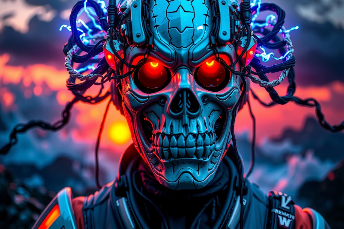 A cyber warrior with a crown of wires and a detailed mask stands against a backdrop of a cybernetic Hokkaido wave. Neon hues and electrified highlights create a futuristic vibe. The scene uses cold blues, silvers, and neon greens with dramatic light from a rising sun. Dutch angle view adds a dynamic, powerful feel.,skull,fiery,red eyes,MSKLDJM