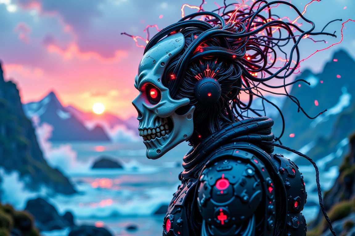 A cyber warrior with a crown of wires and a detailed mask stands against a backdrop of a cybernetic Hokkaido wave. Neon hues and electrified highlights create a futuristic vibe. The scene uses cold blues, silvers, and neon greens with dramatic light from a rising sun. Dutch angle view adds a dynamic, powerful feel.,skull,fiery,red eyes