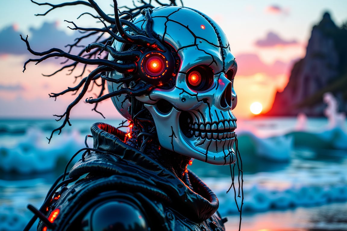 A cyber warrior with a crown of wires and a detailed mask stands against a backdrop of a cybernetic Hokkaido wave. Neon hues and electrified highlights create a futuristic vibe. The scene uses cold blues, silvers, and neon greens with dramatic light from a rising sun. Dutch angle view adds a dynamic, powerful feel.,skull,fiery,red eyes