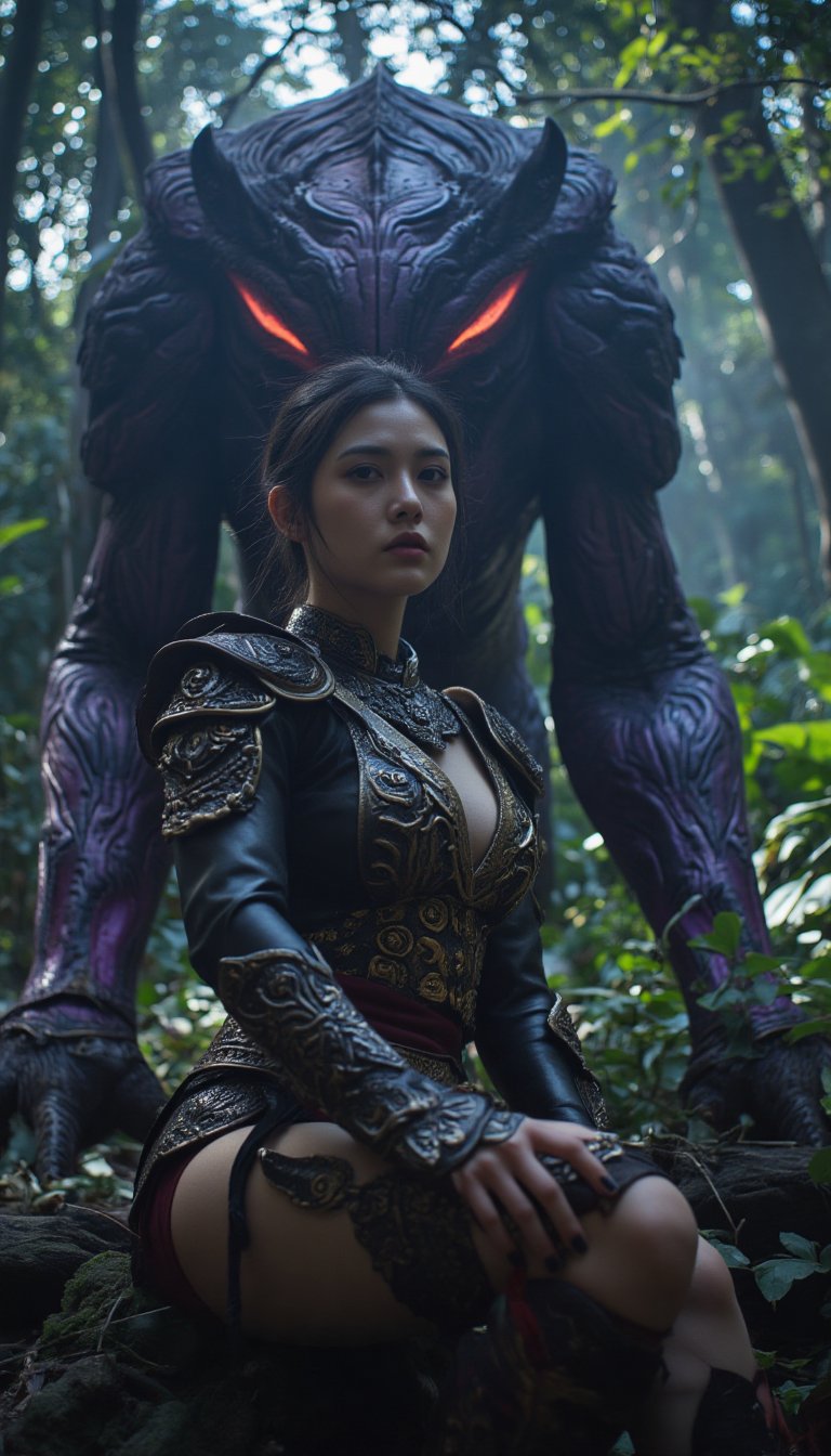 A fierce warrior woman with intricately detailed armor sits confidently before a towering, menacing garuda. The dramatic lighting illuminates her fierce expression, while the mystical forest glimmers with shades of purple and green, mid-journey style.