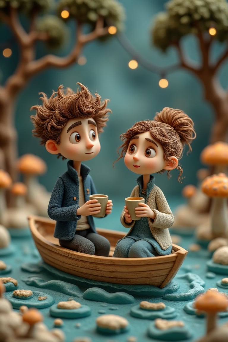 A whimsical scene featuring two animated young figures sitting on a gently rocking boat gliding through misty waters,  cha...