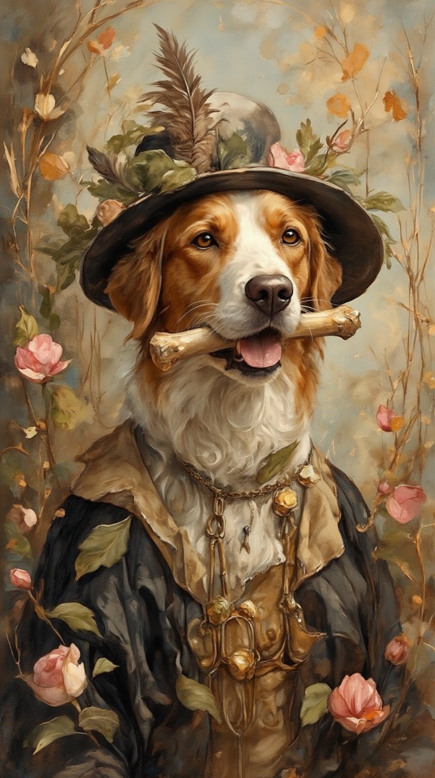  A dog in a hunter's hat with feathers, wearing medieval clothes, holding a bone in his mouth. Against a stunning natural backdrop, delicate petals and lush foliage subtly complement her features. The soft focus and gentle brushstrokes evoke a sense of tranquility, while the subtle interplay of light and shadow creates a captivating dynamic.