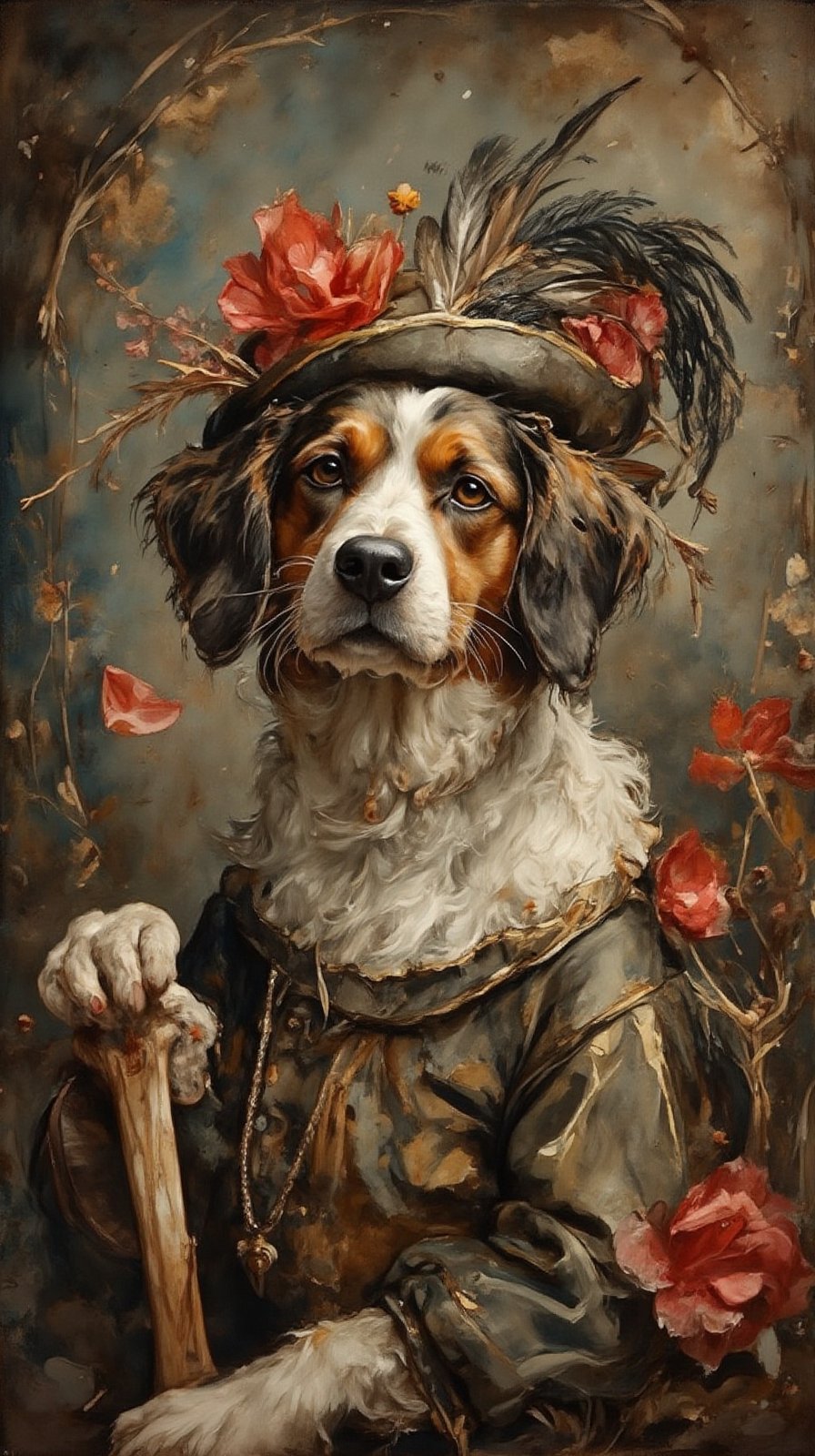  A dog in a hunter's hat with feathers, wearing medieval clothes, holding a bone in his mouth. Against a stunning natural backdrop, delicate petals and lush foliage subtly complement her features. The soft focus and gentle brushstrokes evoke a sense of tranquility, while the subtle interplay of light and shadow creates a captivating dynamic.