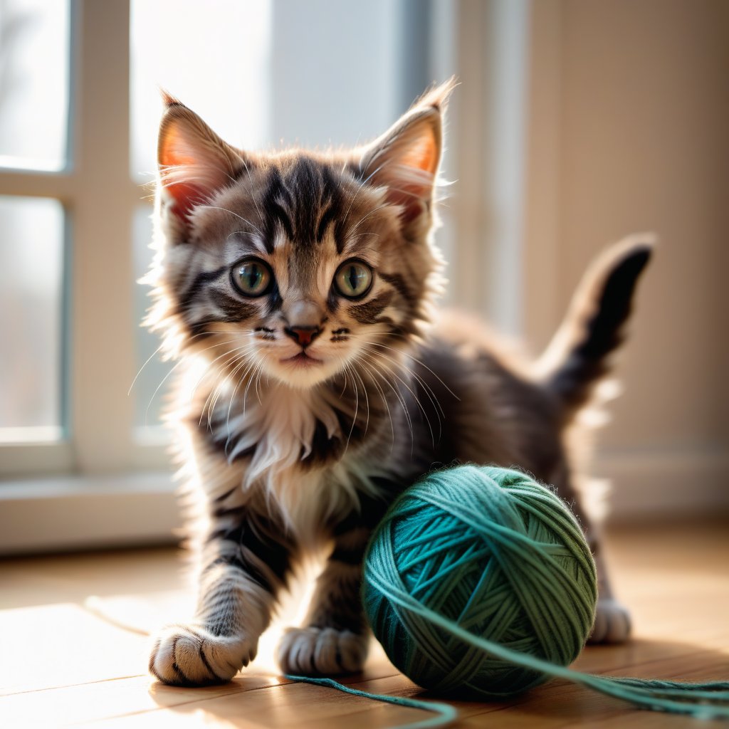 A close-up shot of a playful kitten, fluffy fur, bright eyes, batting a colorful ball of yarn with its tiny paws. Soft, warm lighting, natural sunlight streaming through a window. The kitten is mid-action, playful expression, surrounded by scattered yarn strands. Cozy indoor setting, wooden floor, and a simple, neutral background.