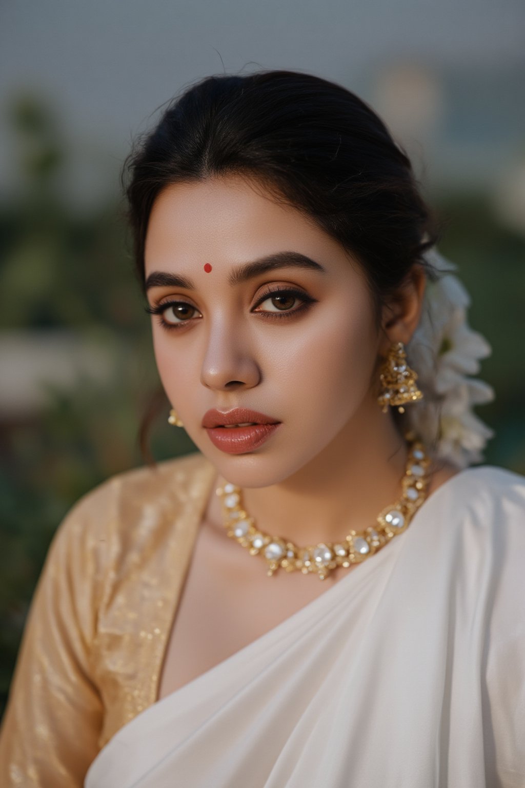 Raw photo of (18yo Kerala Beautiful young woman:1.1, (best quality, highres, ultra-detailed:1.2), This breathtaking photograph, shot on a Canon 1DX with a 50 mm f/2.8 lens, beautifully showcases the raw and authentic beauty of life. high resolution 8k image quality, vibrant colors, glowing dimond, glowing eyes, realistic Raw photo, realistic lighting, traditional white saree,  exotic beauty, mesmerizing eyes, girl ,Thrissur,Mallu,Saree,35mm photo