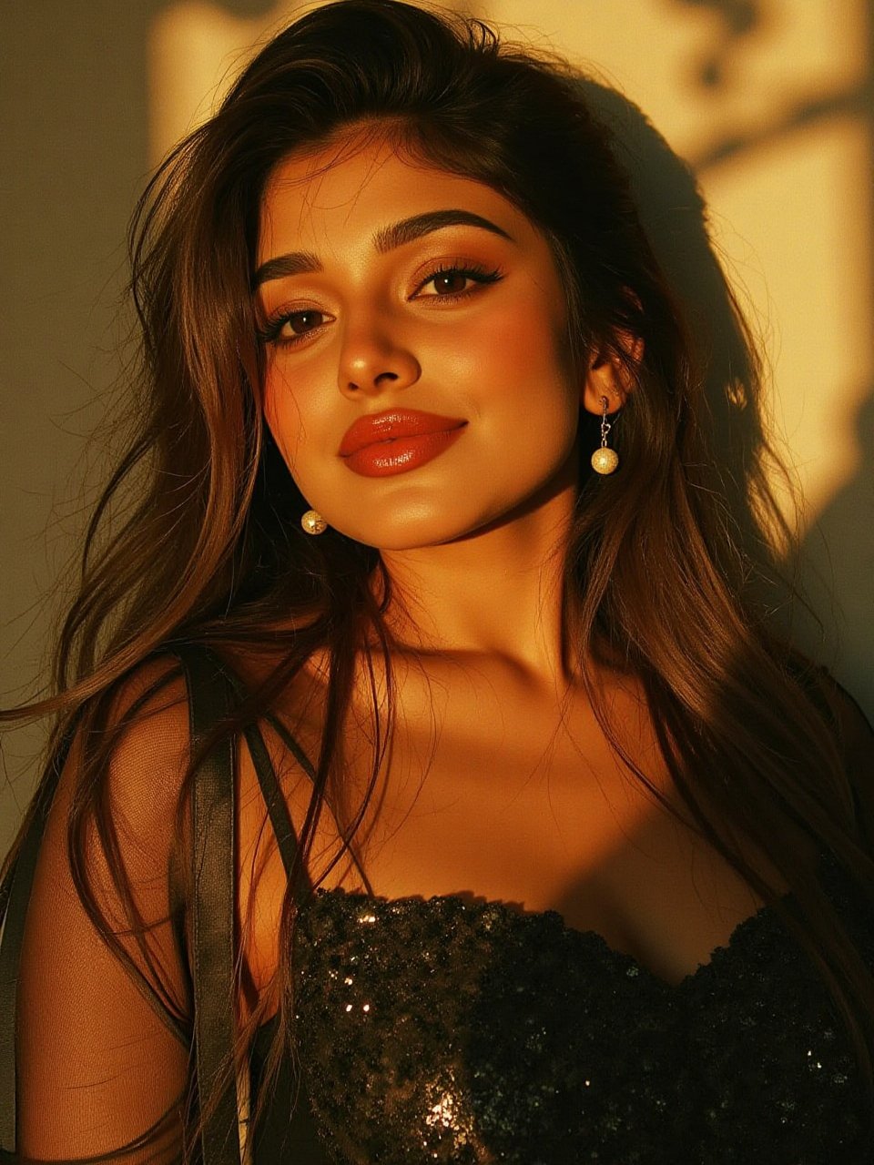 In the nature glow, a stunning Indian woman radiates elegance in a casual yet captivating party outfit.  Her smiles warmly with her eyes and delicate features. The illustration masterfully blends darkness and light, creating an enchanting masterpiece that will surely trend on popular magazines.,hubggirl