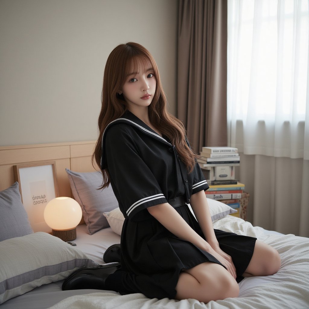 (Sulreal, 32k, masterpiece: 1.2), (high-detail skin: 1.1), (high quality: 1.1), (masterpiece, best quality), in a modern and simple style room, a beautiful and lovely 18-year-old girl sits on the bed and looks at the audience (full body photo), with beautiful long brown hair, wearingThis elegant black Japanese school uniform, reminiscent of high school girls, showcases the timeless sailor fuku design with a pleated skirt that adds a touch of elegance and movement, blending youthfulness with a chic fashion sense.(Facial close-up: 1.4), (looking at the audience, upper body) ((surreal)) ((lleg open)) ((black calf socks)) ((black leather shoes)) ((natural light illumination)) ((porcelain skin))（（serafuku））,jisosmile,ct-identity(The camera looks down) (the characters are in the camera from hair to shoes) There are books, pillows, quilts and other decorations in the background room and bed.