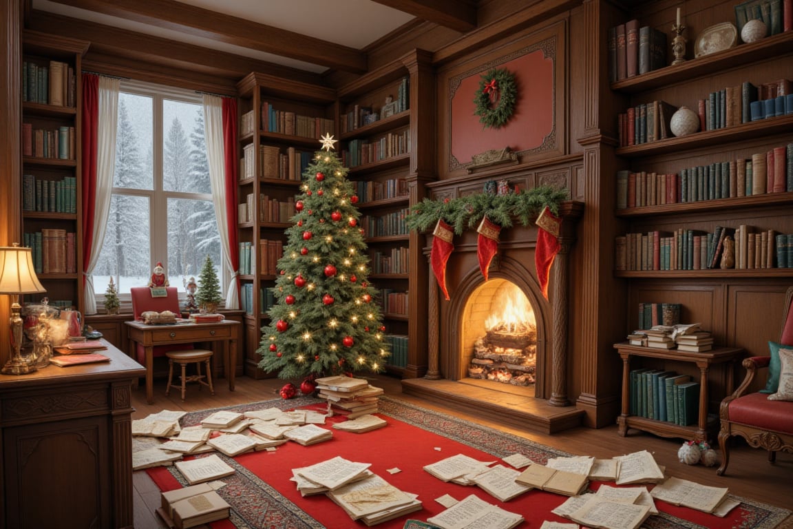 Warm and inviting library scene,  festive Christmas decor,  soft ambient lighting by Pekgy on Tensor.Art