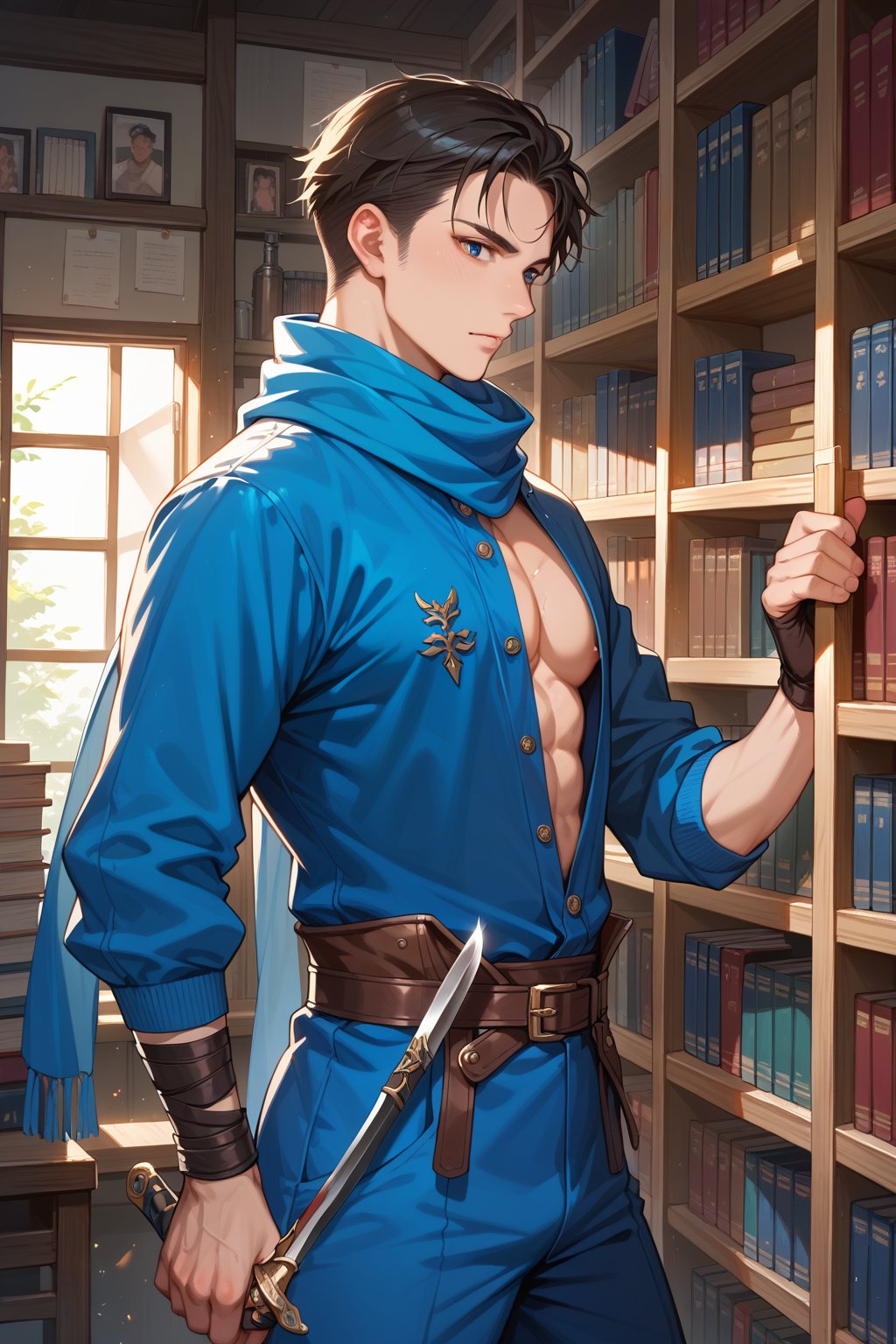 score_9, score_8_up, score_7_up, score_6_up, source_anime, A boy, assassin with dagger in a tight soft blue outfit and fantasy scarf poses provocatively, arching his waist to show off his physique. Bookstore.