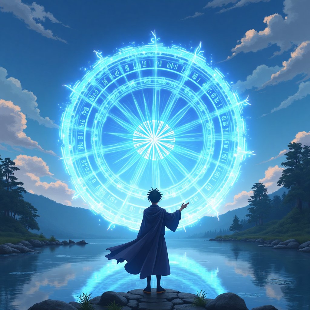 Yang Yang with glasses as a mage, magic tome in one hand, try to cast big magic in front of serene lake. A complex blue magic circle with rune characters appears in front of him.
source_anime,score_9, score_8_up, score_7_up,source_anime,BREAK,