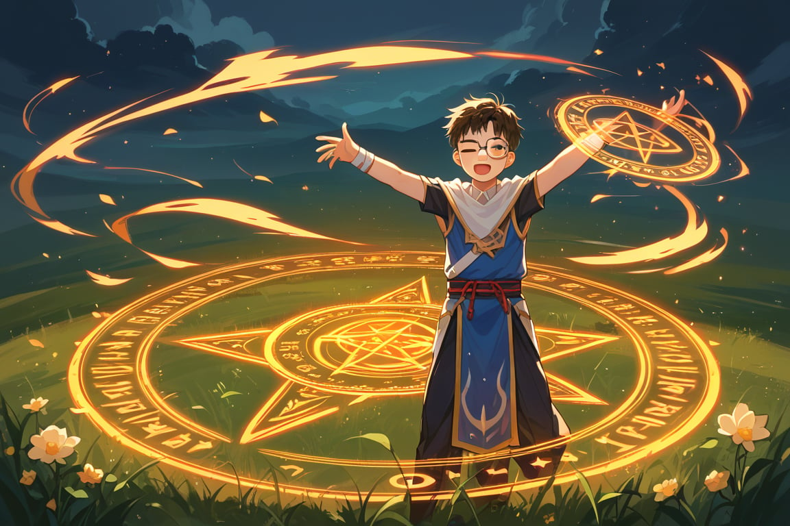 young male asian mage with glasses, visually striking outfit, eye closed, magic tome in one hand. BREAK, big complex magic circle behind, rune characters.
BREAK, grand field on the hill, score_9, score_8_up, score_7_up,source_anime, 