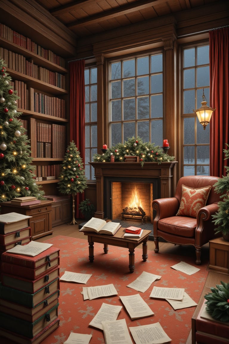 Warm and inviting library scene,  festive Christmas decor,  soft ambient lighting by Pekgy on Tensor.Art