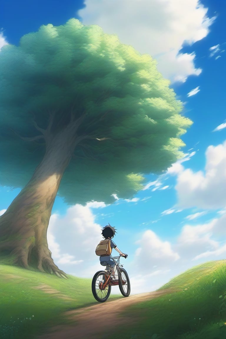 score_9, score_8_up, score_7_up, score_6_up, source_anime. A boy ride bicycle on hill, a big tree stand tall on background. The sky clear with very high large cloud. Tall image ultrawide