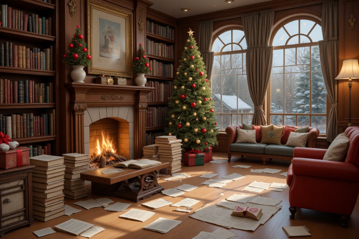 Warm and inviting library scene,  festive Christmas decor,  soft ambient lighting by Pekgy on Tensor.Art