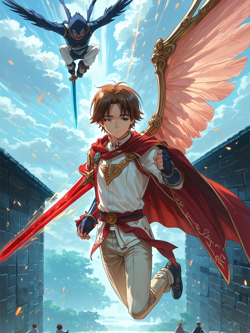 score_9, score_8_up, score_7_up, source_anime,hkstyle, wing, great sword, boy,Seomoon_Yeob,kiyotaka_ayanokouji, brown hair, brown eyes, short hair, parted bangs, flying, ten flying sowrds, golden aura,transparent underwear