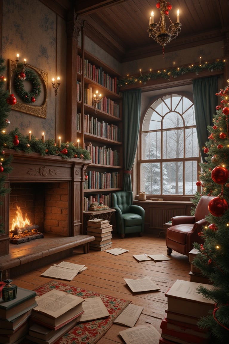 Cozy library atmosphere,  festive Christmas decorations,  soft glowing lights by Pekgy on Tensor.Art