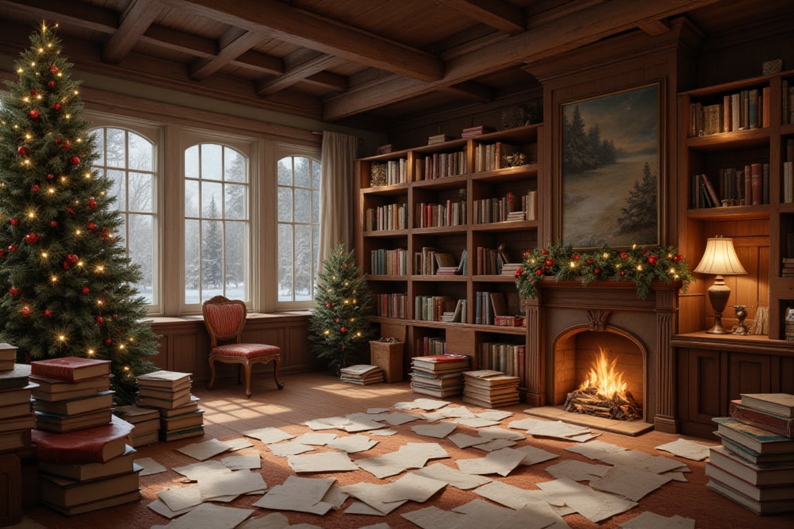 Warm and inviting library scene,  festive Christmas decor,  soft ambient lighting by Pekgy on Tensor.Art