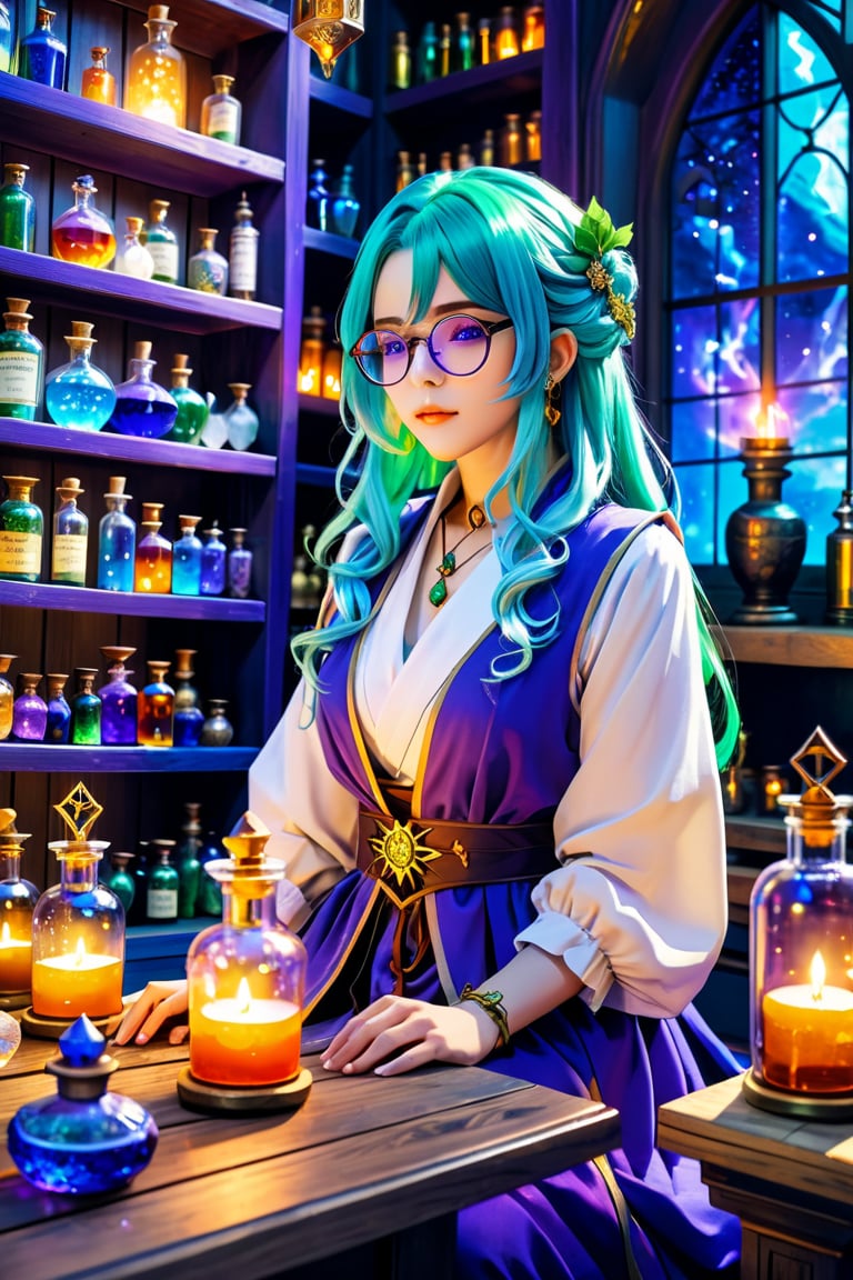 An anime-style character with green hair and glasses, dressed in a detailed, fantasy-inspired alchemist outfit in shades of blue and white with gold accents. She is seated on a wooden counter in an alchemy room, surrounded by shelves filled with glowing potion bottles in vibrant colors like blue, purple, and orange. The lighting is warm and soft, casting gentle highlights on her and creating a magical, cozy atmosphere. The scene exudes a sense of mystery and fantasy, with intricate details in both the character's attire and the potion bottles.