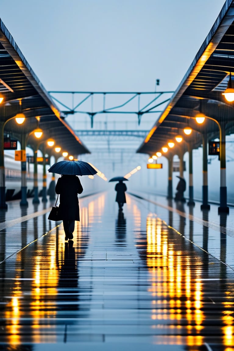 A rainy evening at a modern train station, painted in traditional Chinese ink style. Soft, wet brushstrokes depict the glistening train tracks and platforms under soft lights. Passengers holding umbrellas are shadowy figures, blending into the mist and rain.