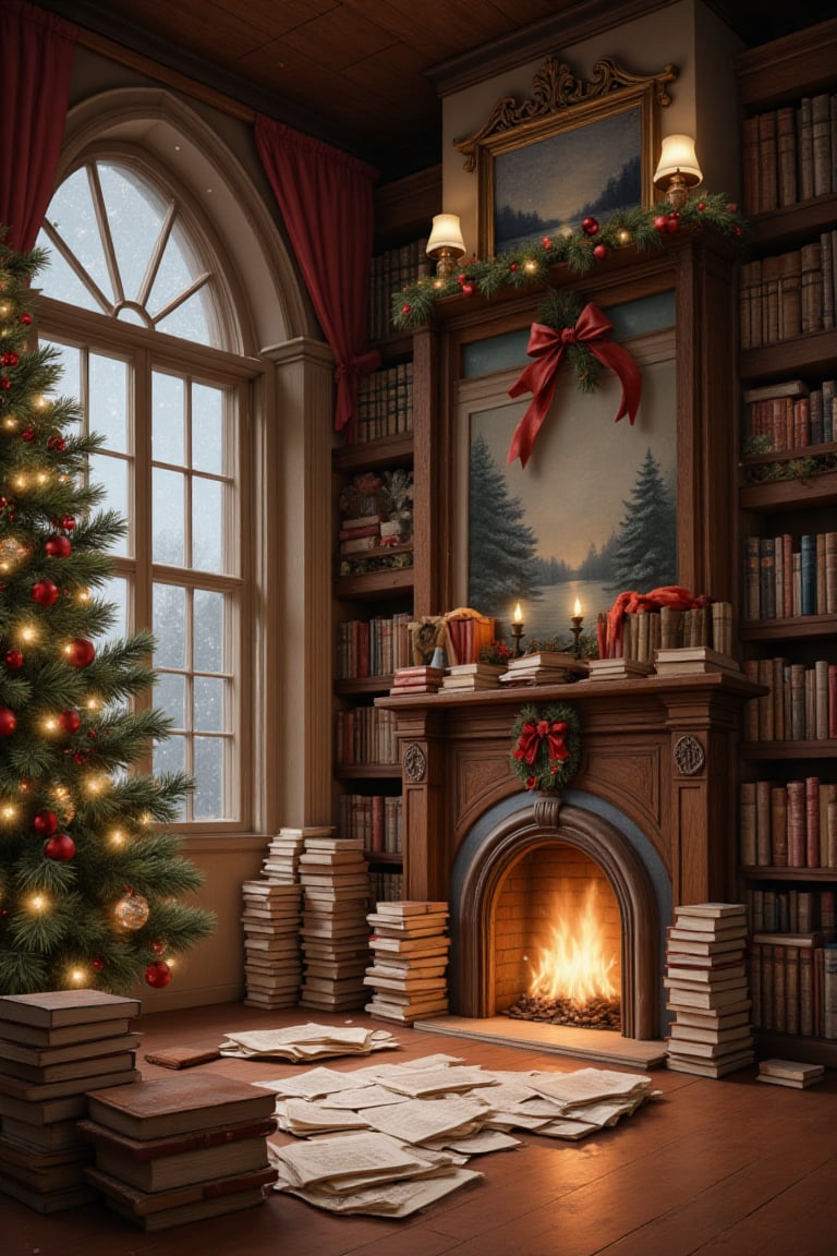 Warm and inviting library scene,  festive Christmas decor,  soft ambient lighting by Pekgy on Tensor.Art