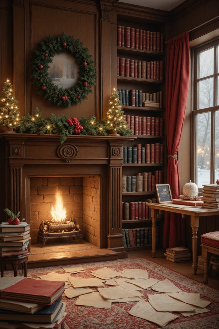 Warm and inviting library scene,  festive Christmas decor,  soft ambient lighting by Pekgy on Tensor.Art